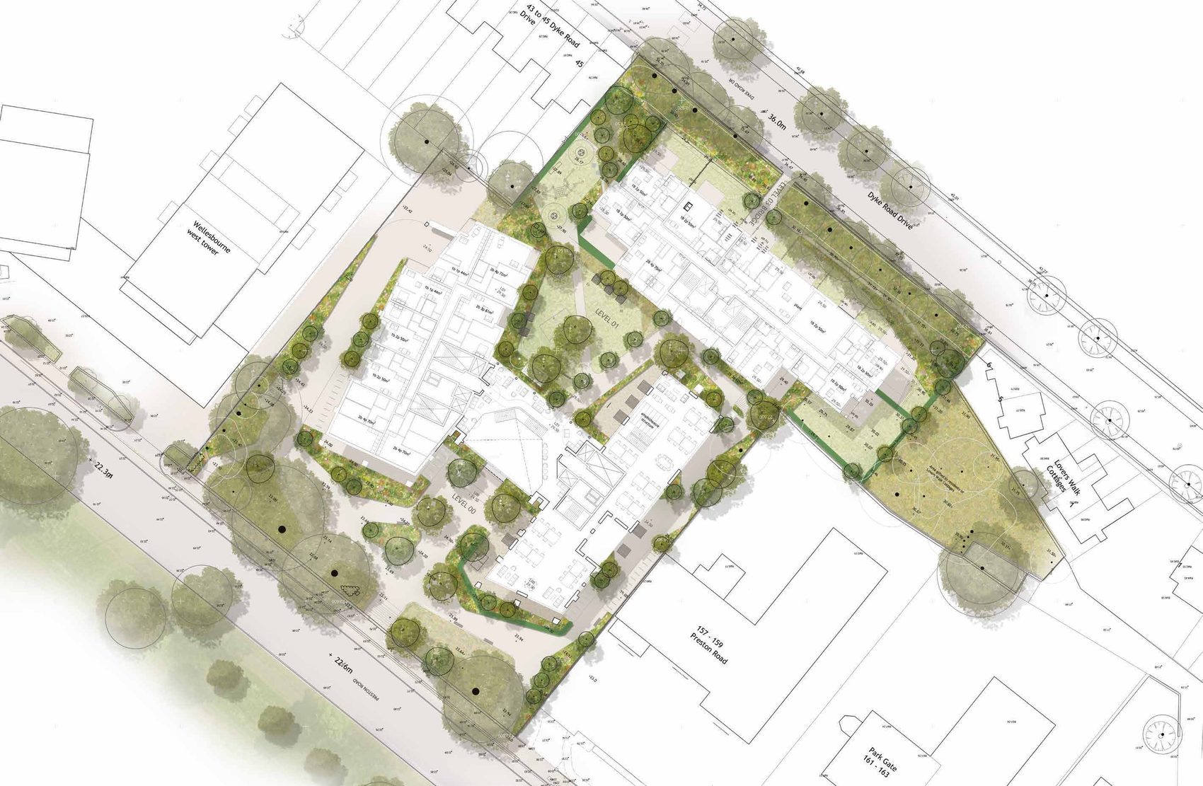 Indicative landscape plan showing extensive tree planting