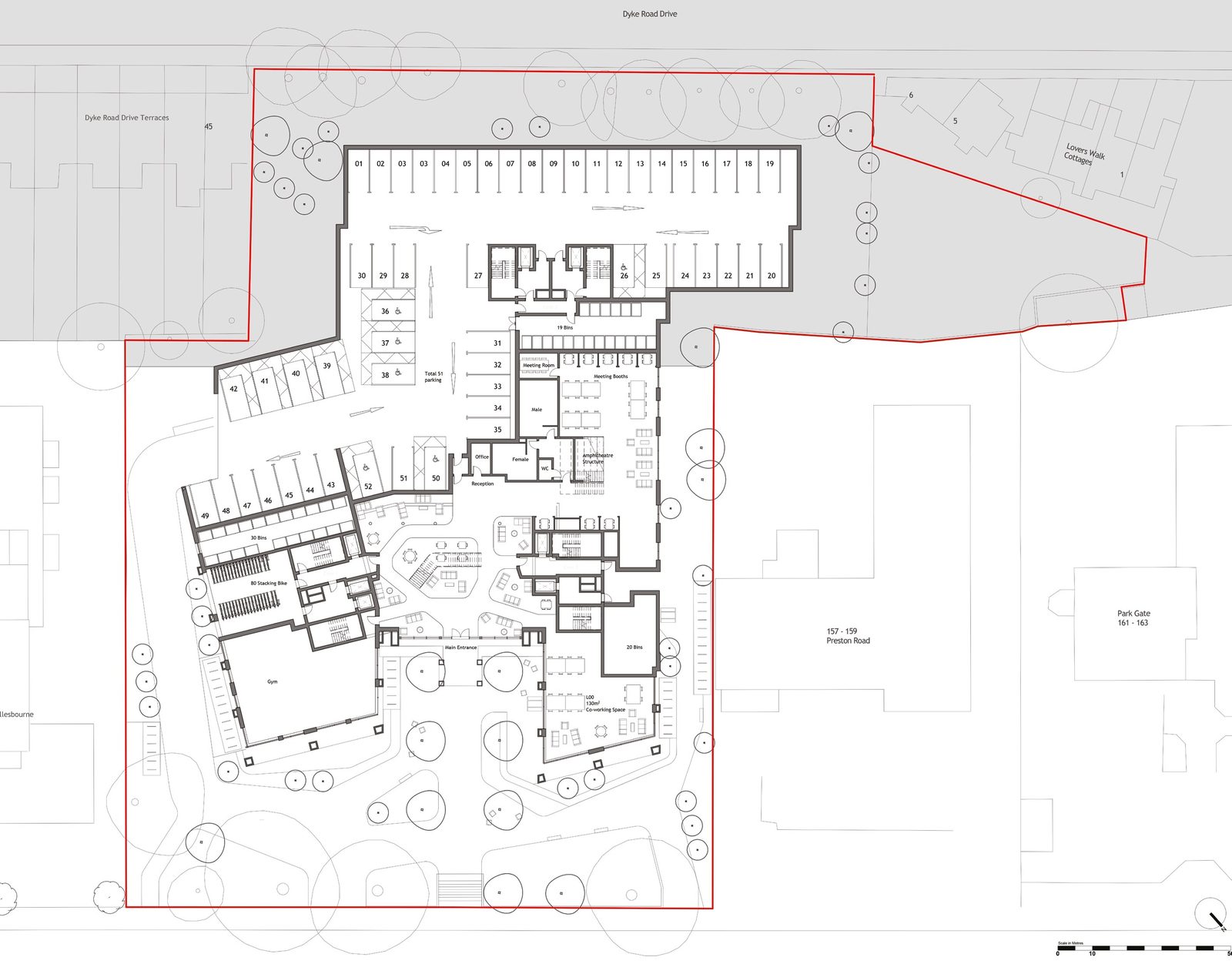 Ground level floor plan showing Buildings 1, 2 and 3 and the main entrance foyer