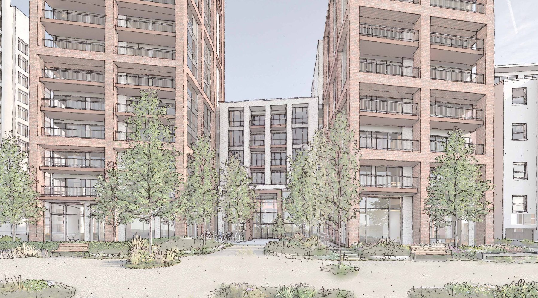 CGI of the proposed front entrance and courtyard at 149-153 Preston Road